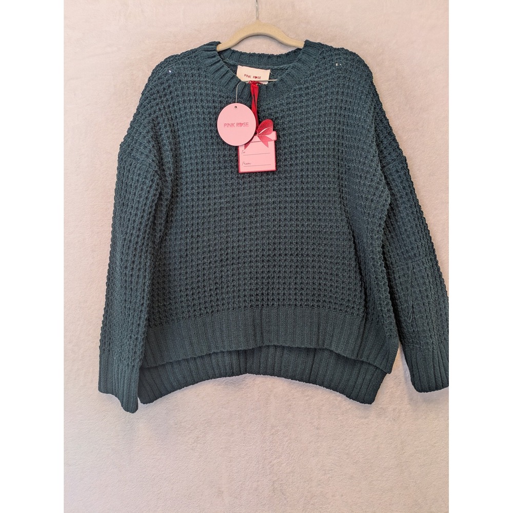 Pink Rose Women's Size S Waffle Knit Sweater Dark Green‎ Crew Neck High-Low NWT